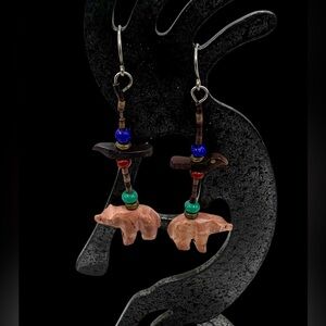 Vintage Zuni Sterling Silver Multi Stone Fetish Bear Heishi Dangle Earrings
